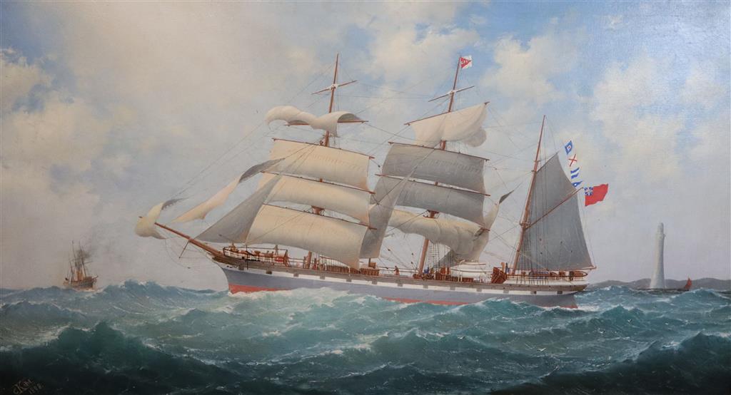 Charles Keith Miller (1836-1907) Portrait of a three master passing a lighthouse 23.5 x 43.75in.